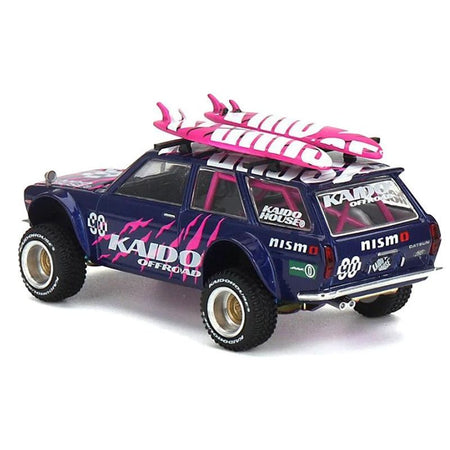 Datsun Kaido 510 Wagon 4x4 RHD (Right Hand Drive) 90 "Kaido Offroad V2" Purple with Pink Graphics and Surfboards on Roof (Designed by Jun Imai) "Kaido House" Special 1/64 Diecast Model Car by Mini GT - Mini GT - ModelCars.com