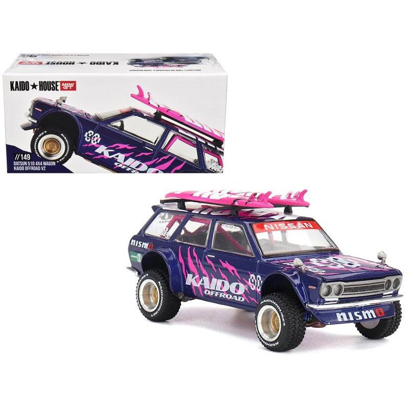 Datsun Kaido 510 Wagon 4x4 RHD (Right Hand Drive) 90 "Kaido Offroad V2" Purple with Pink Graphics and Surfboards on Roof (Designed by Jun Imai) "Kaido House" Special 1/64 Diecast Model Car by Mini GT - Mini GT - ModelCars.com