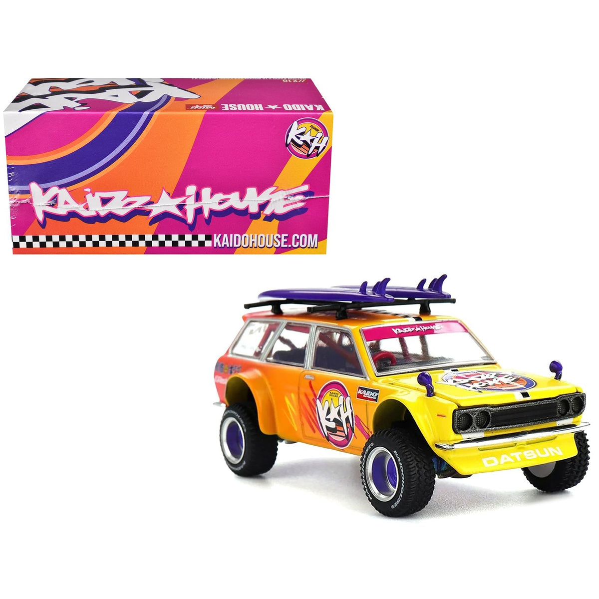 Datsun Kaido 510 Wagon 4x4 RHD (Right Hand Drive) "Kaido Islands V1" Yellow to Red Gradient with Surfboards (Designed by Jun Imai) "Kaido House" Special 1/64 Diecast Model Car by Mini GT-Mini GT-ModelCars.com