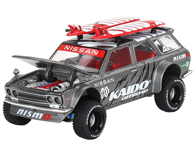 Datsun Kaido 510 Wagon 4x4 RHD (Right Hand Drive) "Kaido Offroad V1" Gray Metallic with Red Interior and Surfboards on Roof (Designed by Jun Imai) "Kaido House" Special 1/64 Diecast Model Car by Mini GT-Mini GT-ModelCars.com