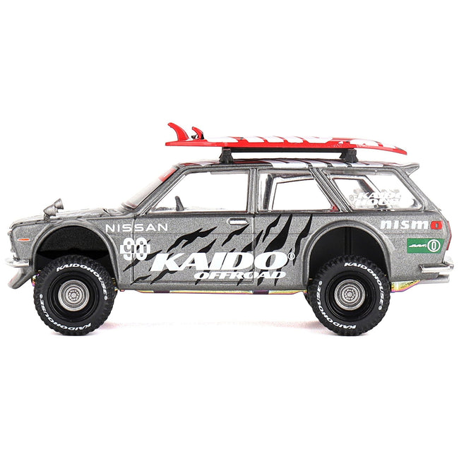 Datsun Kaido 510 Wagon 4x4 RHD (Right Hand Drive) "Kaido Offroad V1" Gray Metallic with Red Interior and Surfboards on Roof (Designed by Jun Imai) "Kaido House" Special 1/64 Diecast Model Car by Mini GT-Mini GT-ModelCars.com