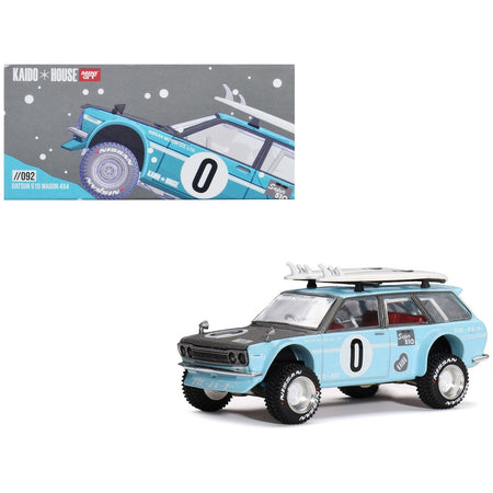 Datsun Kaido 510 Wagon 4x4 RHD (Right Hand Drive) Light Blue with Carbon Hood with Surfboards on Roof "Winter Holiday Edition" (Designed by Jun Imai) "Kaido House" Special 1/64 Diecast Model Car by Mini GT - Mini GT - ModelCars.com