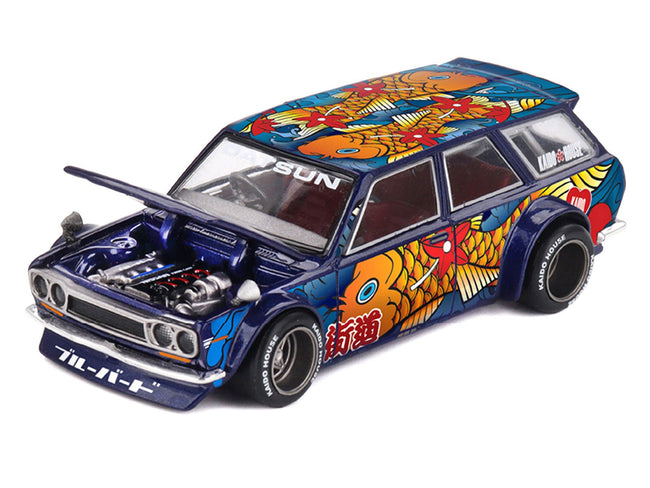 Datsun Kaido 510 Wagon RHD (Right Hand Drive) "Koi Wagon V1" Blue with Koi Fish Graphics (Designed by Jun Imai) "Kaido House" Special 1/64 Diecast Model Car by Mini GT-Mini GT-ModelCars.com