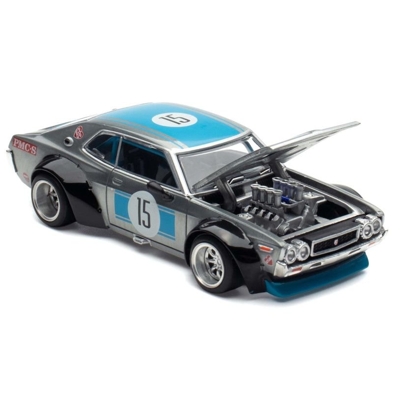 Datsun Laurel C130 RHD (Right Hand Drive) #15 Raw Metal with Blue Stripes "APA XPO 2025 Exclusive" 1/64 Diecast Model Car by Pop Race-Pop Race-ModelCars.com