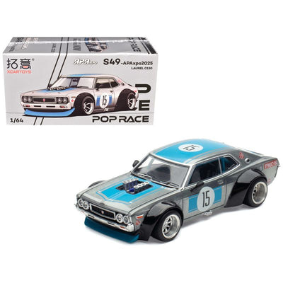 Datsun Laurel C130 RHD (Right Hand Drive) #15 Raw Metal with Blue Stripes "APA XPO 2025 Exclusive" 1/64 Diecast Model Car by Pop Race-Pop Race-ModelCars.com