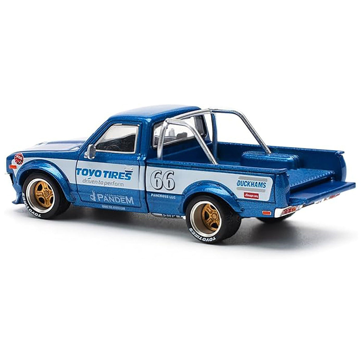 Datsun Pandem 620 Pickup Truck #66 Blue Metallic with White Stripes and Graphics 1/64 Diecast Model Car by Pop Race-Pop Race-ModelCars.com