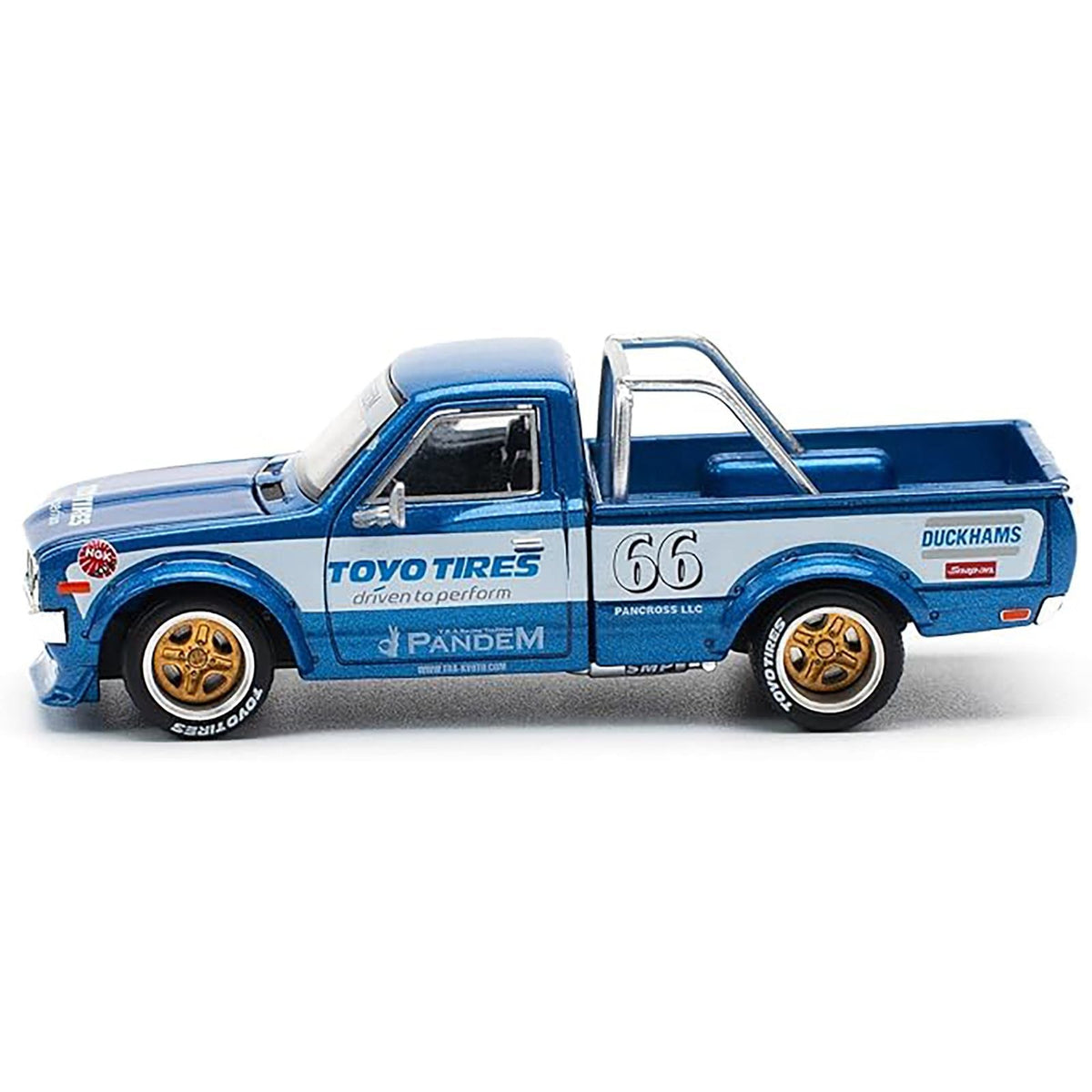Datsun Pandem 620 Pickup Truck #66 Blue Metallic with White Stripes and Graphics 1/64 Diecast Model Car by Pop Race-Pop Race-ModelCars.com
