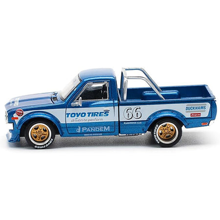 Datsun Pandem 620 Pickup Truck #66 Blue Metallic with White Stripes and Graphics 1/64 Diecast Model Car by Pop Race-Pop Race-ModelCars.com