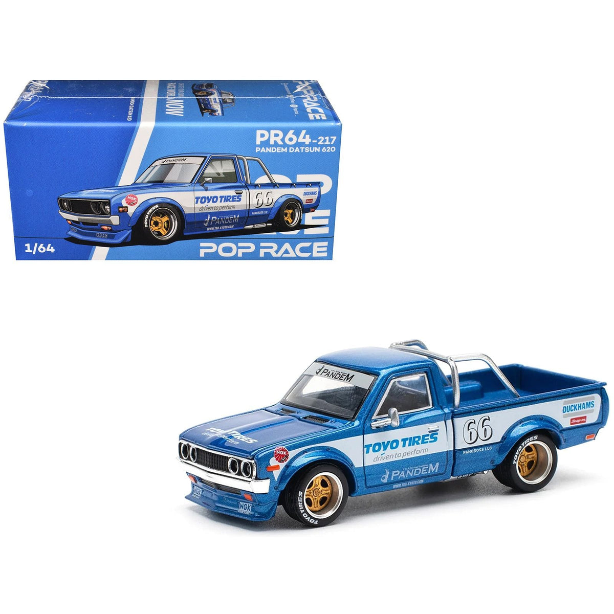 Datsun Pandem 620 Pickup Truck #66 Blue Metallic with White Stripes and Graphics 1/64 Diecast Model Car by Pop Race-Pop Race-ModelCars.com