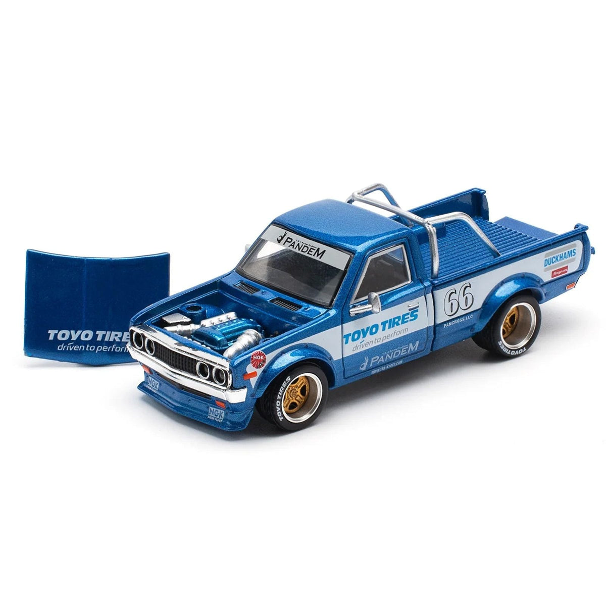 Datsun Pandem 620 Pickup Truck #66 Blue Metallic with White Stripes and Graphics 1/64 Diecast Model Car by Pop Race-Pop Race-ModelCars.com