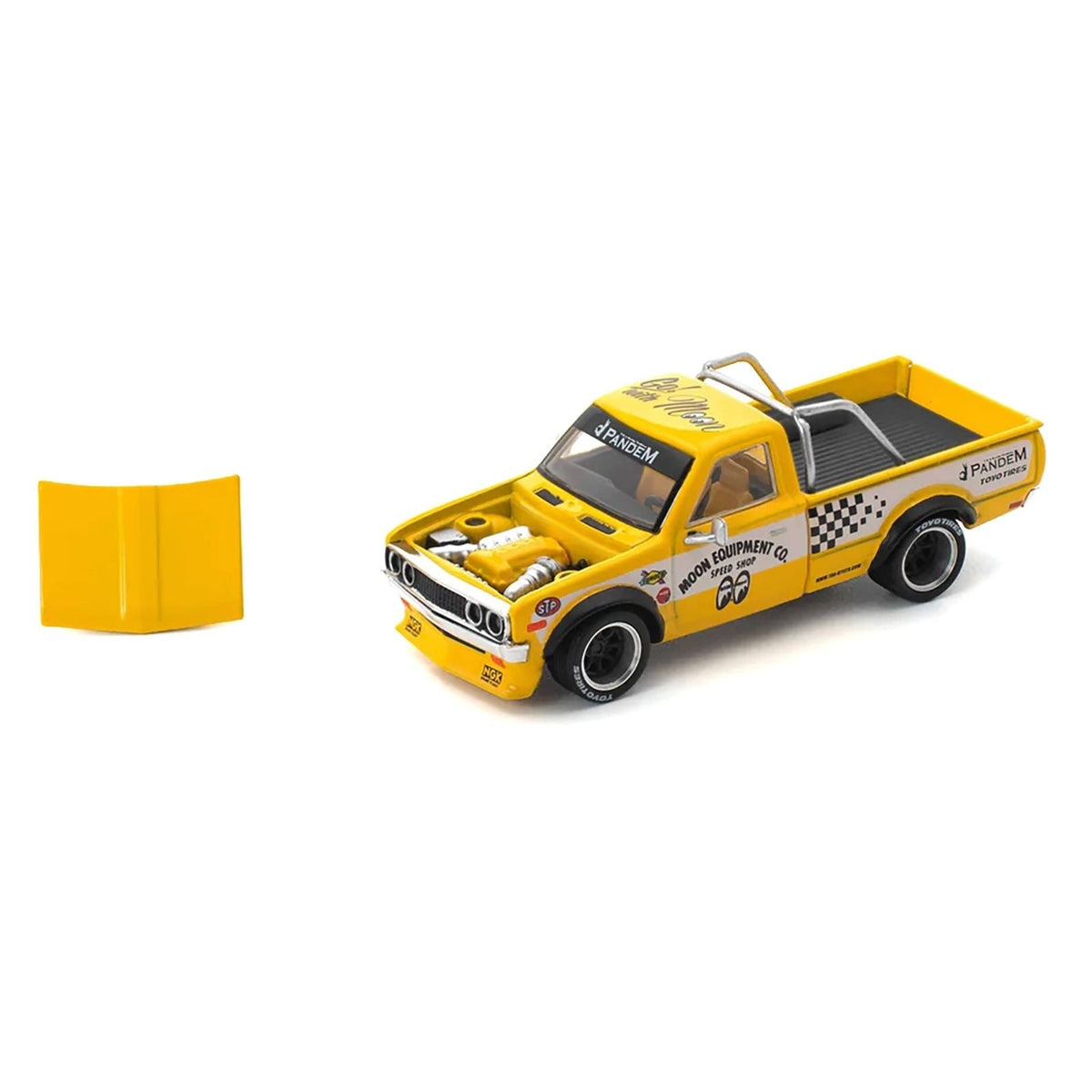 Datsun Pandem 620 Pickup Truck "MoonEyes" Yellow with White Sides and Graphics 1/64 Diecast Model Car by Pop Race-Pop Race-ModelCars.com