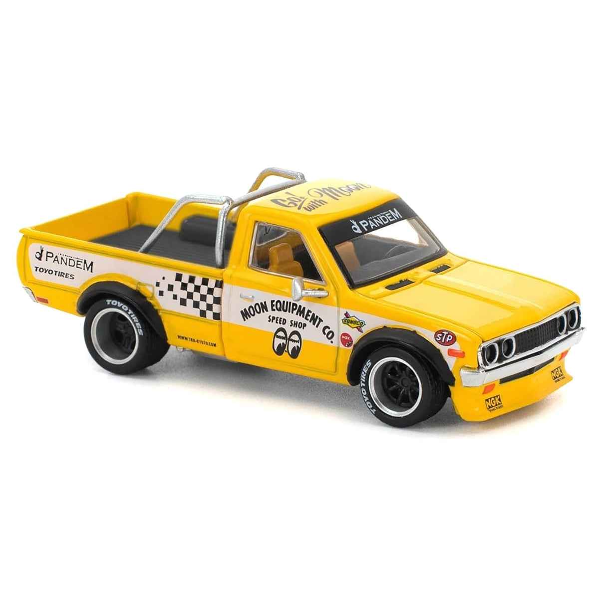 Datsun Pandem 620 Pickup Truck "MoonEyes" Yellow with White Sides and Graphics 1/64 Diecast Model Car by Pop Race-Pop Race-ModelCars.com