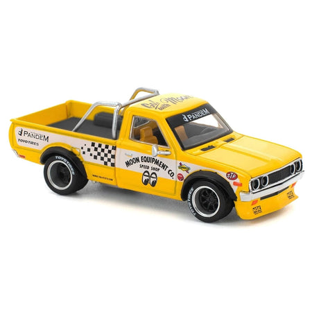Datsun Pandem 620 Pickup Truck "MoonEyes" Yellow with White Sides and Graphics 1/64 Diecast Model Car by Pop Race-Pop Race-ModelCars.com