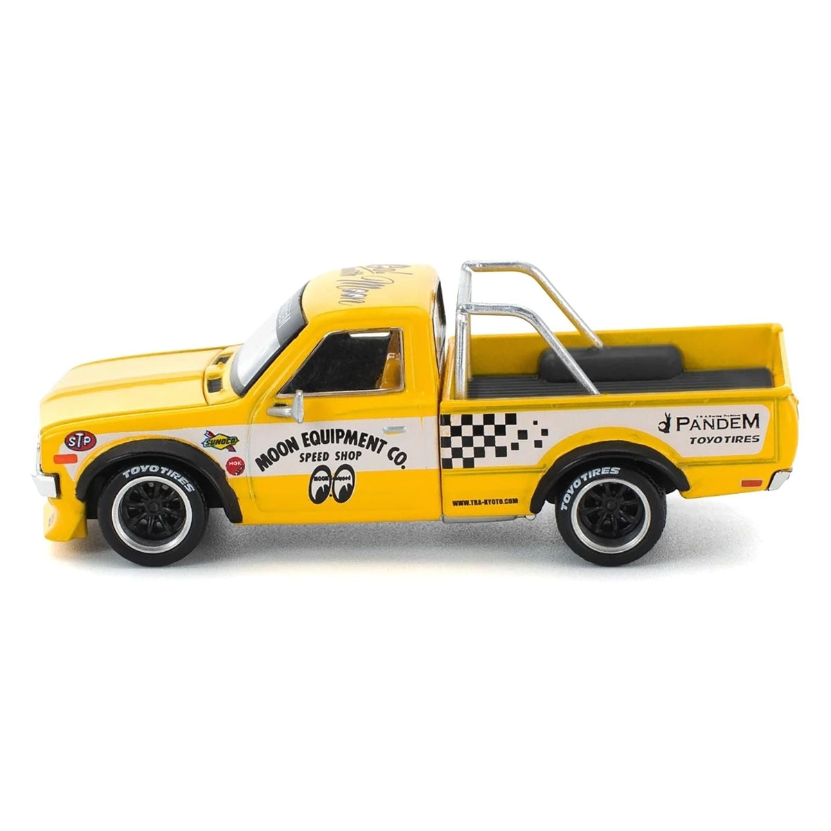 Datsun Pandem 620 Pickup Truck "MoonEyes" Yellow with White Sides and Graphics 1/64 Diecast Model Car by Pop Race-Pop Race-ModelCars.com