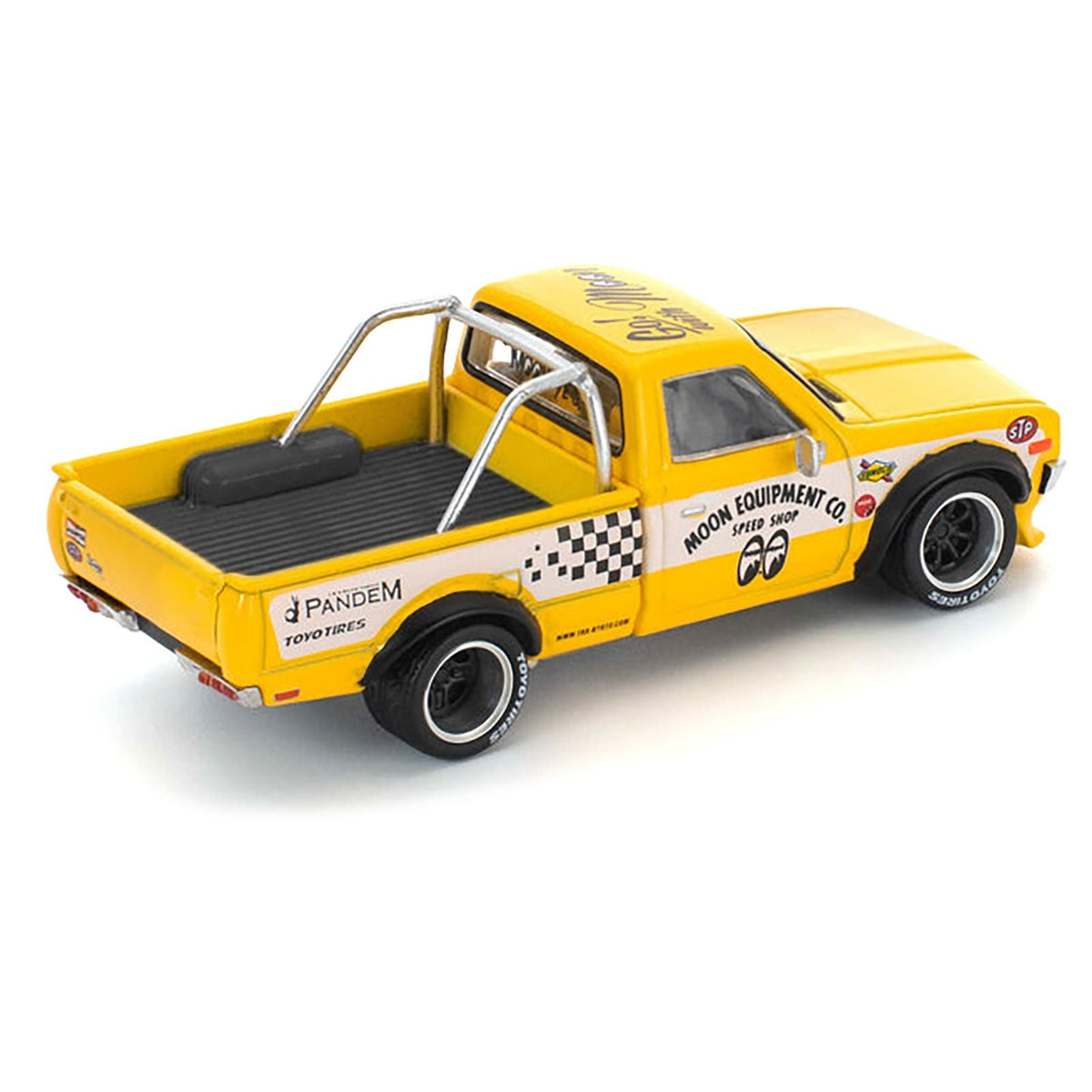 Datsun Pandem 620 Pickup Truck "MoonEyes" Yellow with White Sides and Graphics 1/64 Diecast Model Car by Pop Race-Pop Race-ModelCars.com