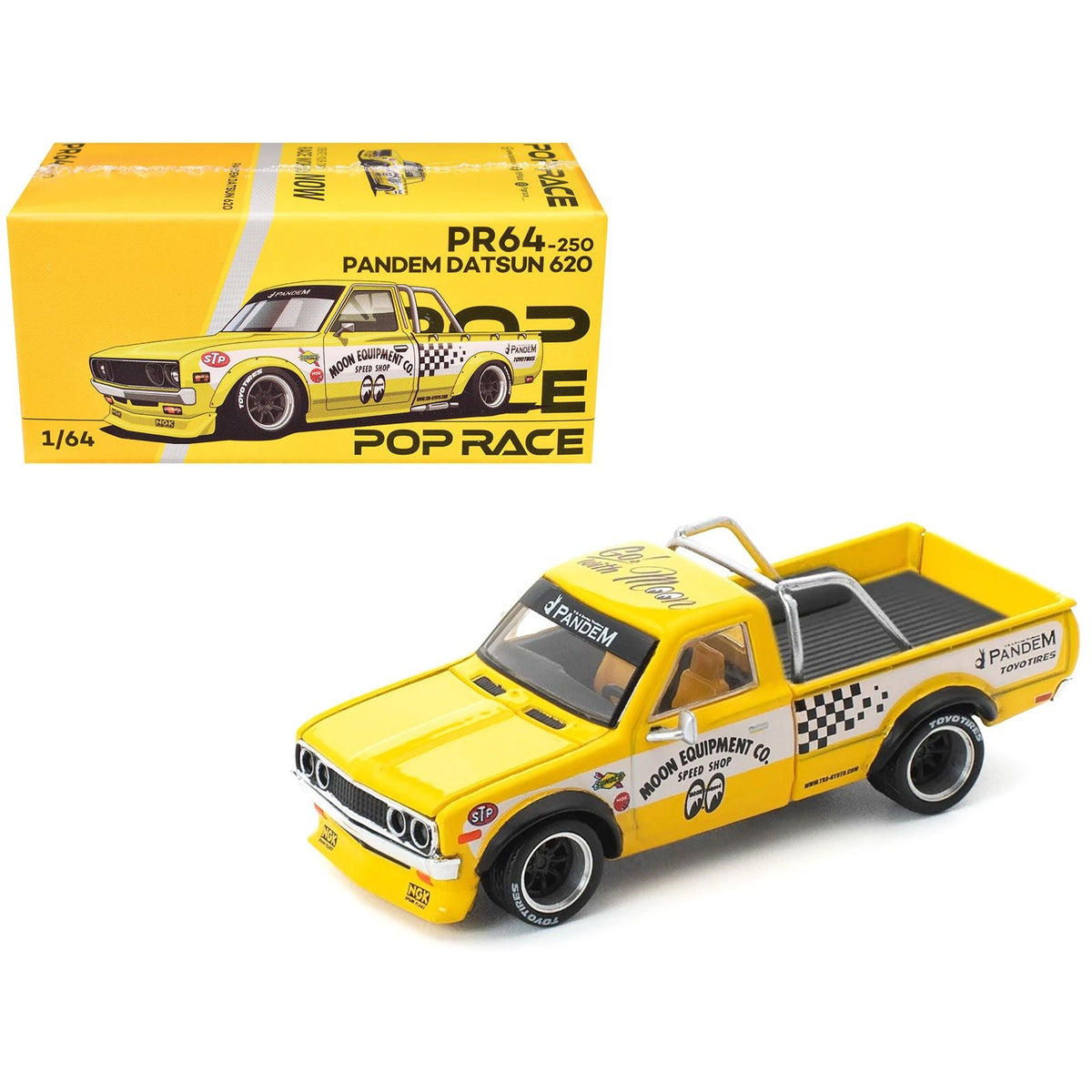 Datsun Pandem 620 Pickup Truck "MoonEyes" Yellow with White Sides and Graphics 1/64 Diecast Model Car by Pop Race-Pop Race-ModelCars.com