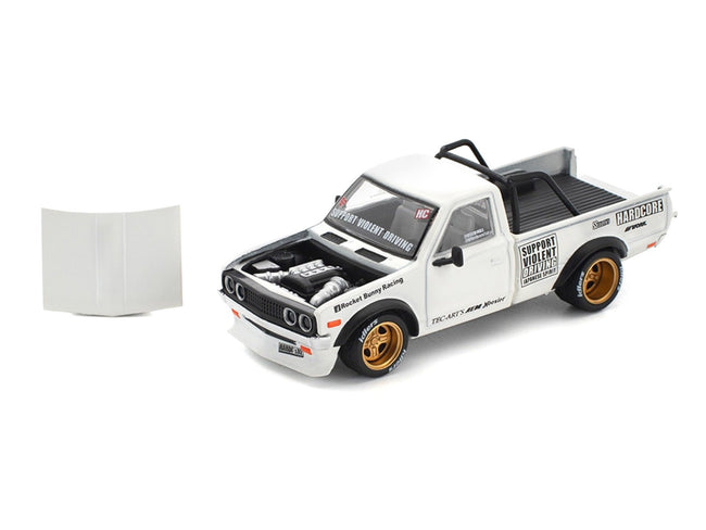 Datsun Pandem 620 Pickup Truck "Rocket Bunny Racing" White with Graphics 1/64 Diecast Model Car by Pop Race-Pop Race-ModelCars.com