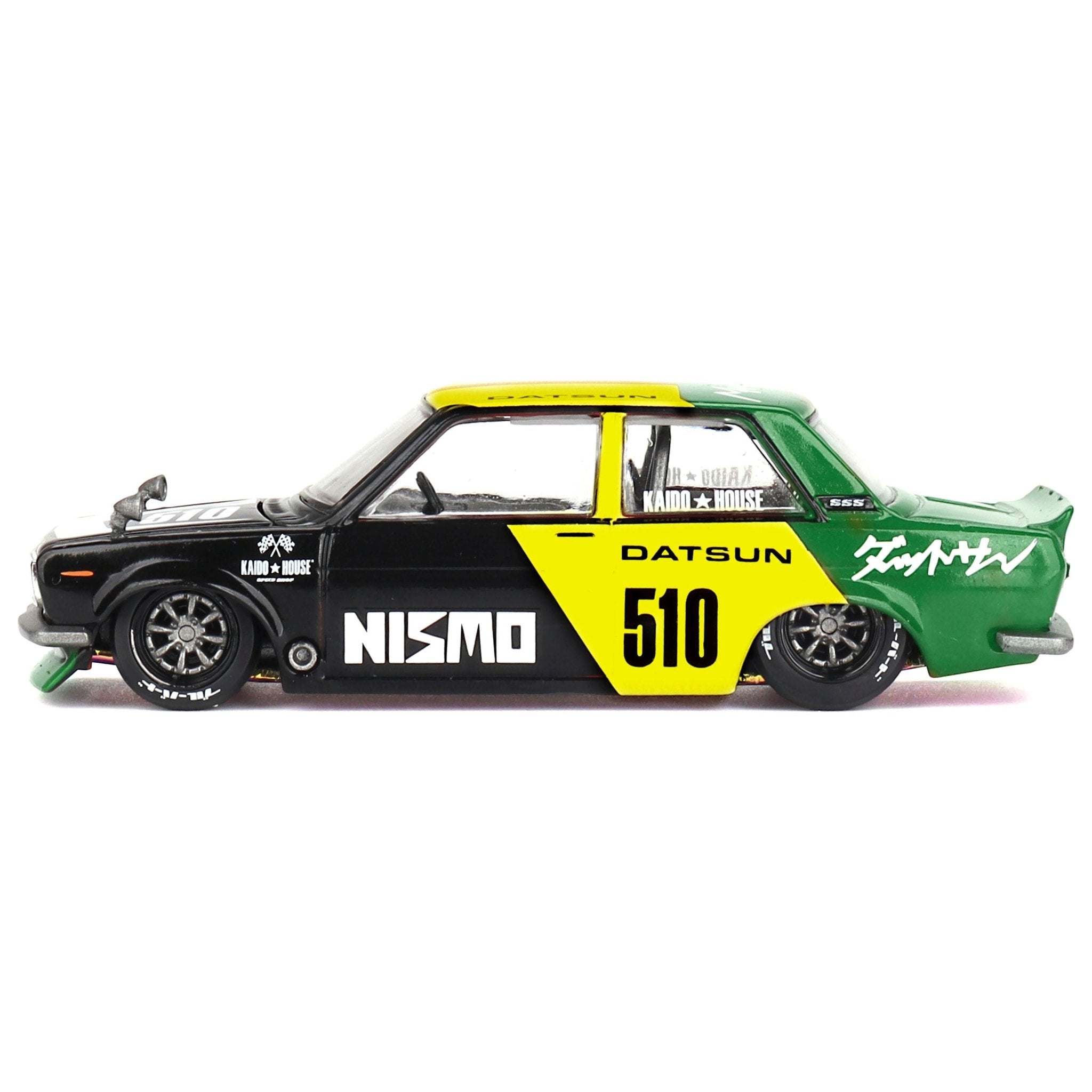 Datsun Street 510 "Racing V2" Black and Green with Yellow Accents (Designed by Jun Imai) "Kaido House" Special 1/64 Diecast Model Car by Mini GT - Mini GT - ModelCars.com