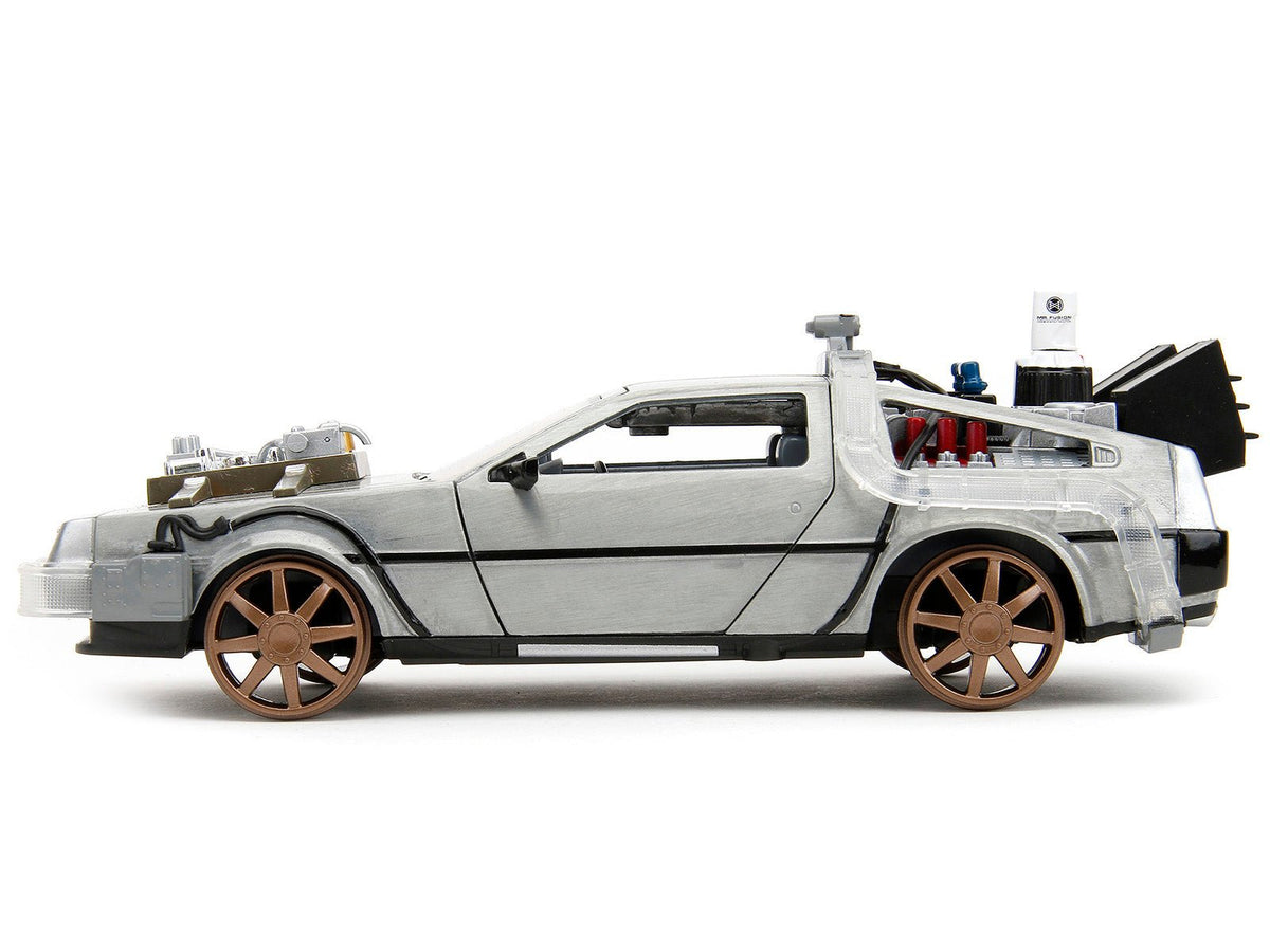 DeLorean Brushed Metal Time Machine (Train Wheel Version) with Lights "Back to the Future Part III" (1990) Movie "Hollywood Rides" Series 1/24 Diecast Model Car by Jada-Jada-ModelCars.com