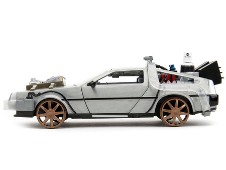 DeLorean Brushed Metal Time Machine (Train Wheel Version) with Lights "Back to the Future Part III" (1990) Movie "Hollywood Rides" Series 1/24 Diecast Model Car by Jada-Jada-ModelCars.com