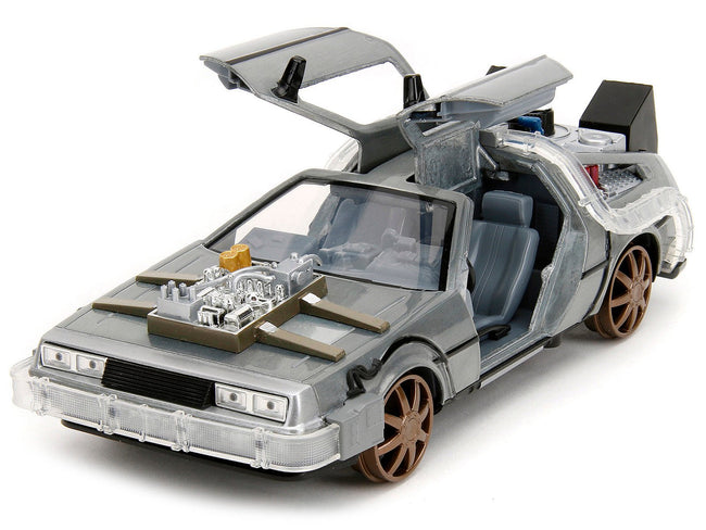 DeLorean Brushed Metal Time Machine (Train Wheel Version) with Lights "Back to the Future Part III" (1990) Movie "Hollywood Rides" Series 1/24 Diecast Model Car by Jada-Jada-ModelCars.com