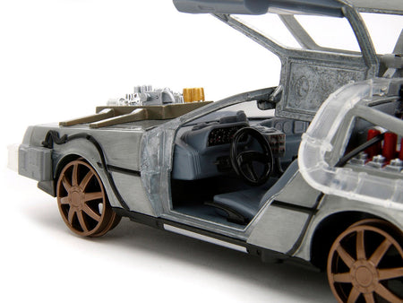 DeLorean Brushed Metal Time Machine (Train Wheel Version) with Lights "Back to the Future Part III" (1990) Movie "Hollywood Rides" Series 1/24 Diecast Model Car by Jada-Jada-ModelCars.com