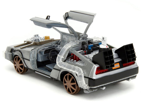 DeLorean Brushed Metal Time Machine (Train Wheel Version) with Lights "Back to the Future Part III" (1990) Movie "Hollywood Rides" Series 1/24 Diecast Model Car by Jada-Jada-ModelCars.com