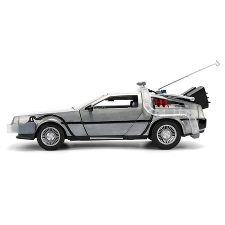 DeLorean Brushed Metal Time Machine with Lights "Back to the Future" (1985) Movie "40th Anniversary" Special Packaging "Hollywood Rides" Series 1/24 Diecast Model Car by Jada-Jada-ModelCars.com