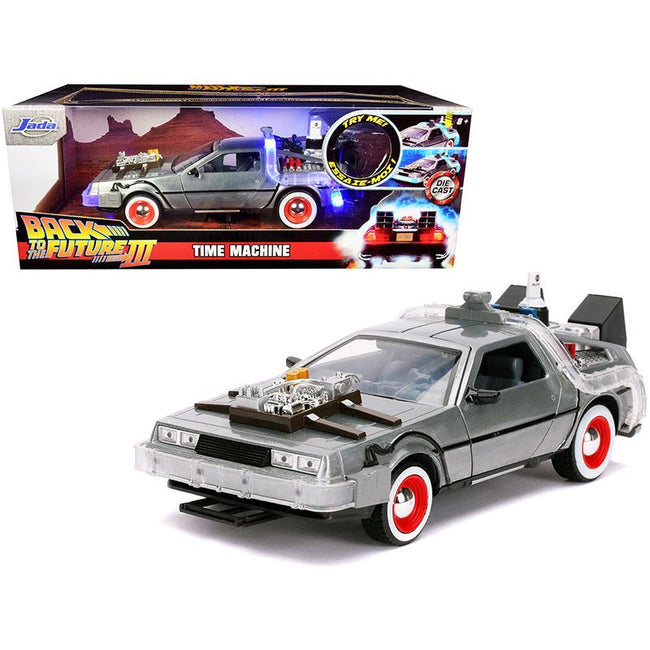 DeLorean Brushed Metal Time Machine with Lights "Back to the Future Part III" (1990) Movie "Hollywood Rides" Series 1/24 Diecast Model Car by Jada-Jada-ModelCars.com