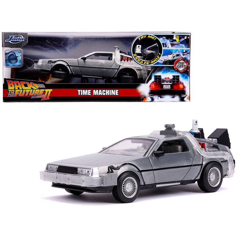 DeLorean Brushed Metal Time Machine with Lights (Flying Version) "Back to the Future Part II" (1989) Movie "Hollywood Rides" Series 1/24 Diecast Model Car by Jada-Jada-ModelCars.com