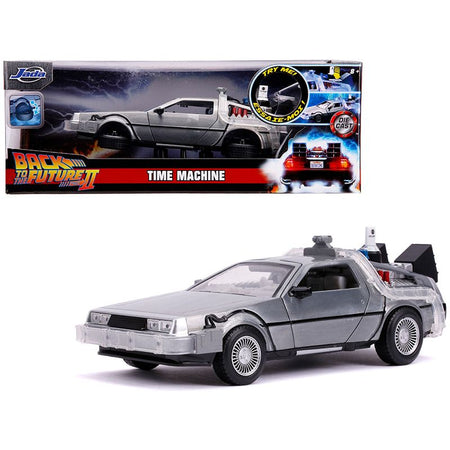 DeLorean Brushed Metal Time Machine with Lights (Flying Version) "Back to the Future Part II" (1989) Movie "Hollywood Rides" Series 1/24 Diecast Model Car by Jada-Jada-ModelCars.com