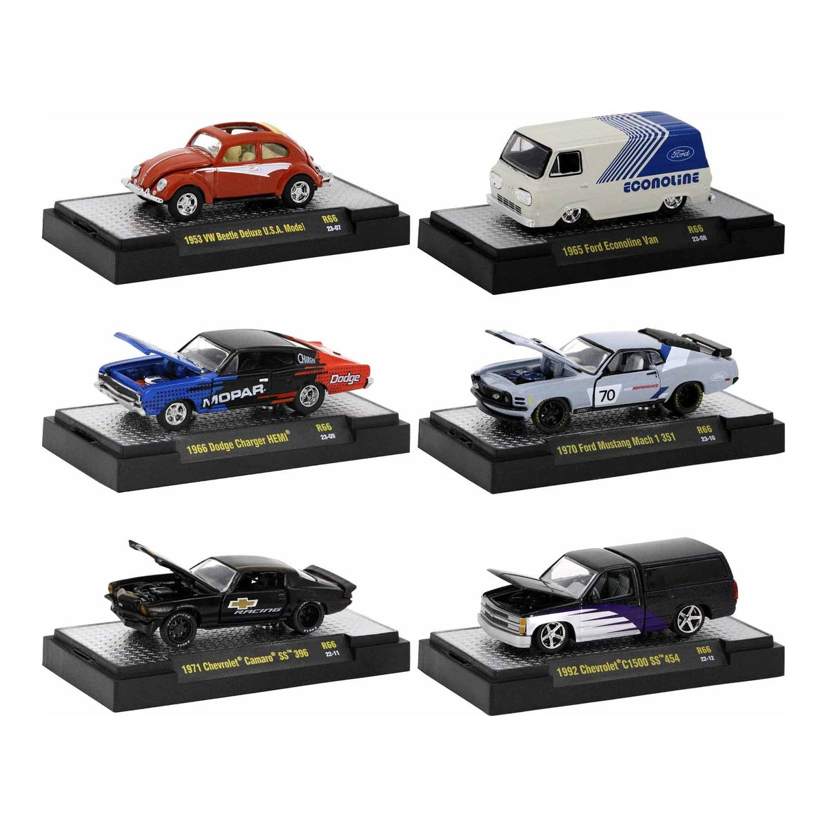"Detroit Muscle" Set of 6 Cars IN DISPLAY CASES Release 66 Limited Edition 1/64 Diecast Model Cars by M2 Machines-M2-ModelCars.com