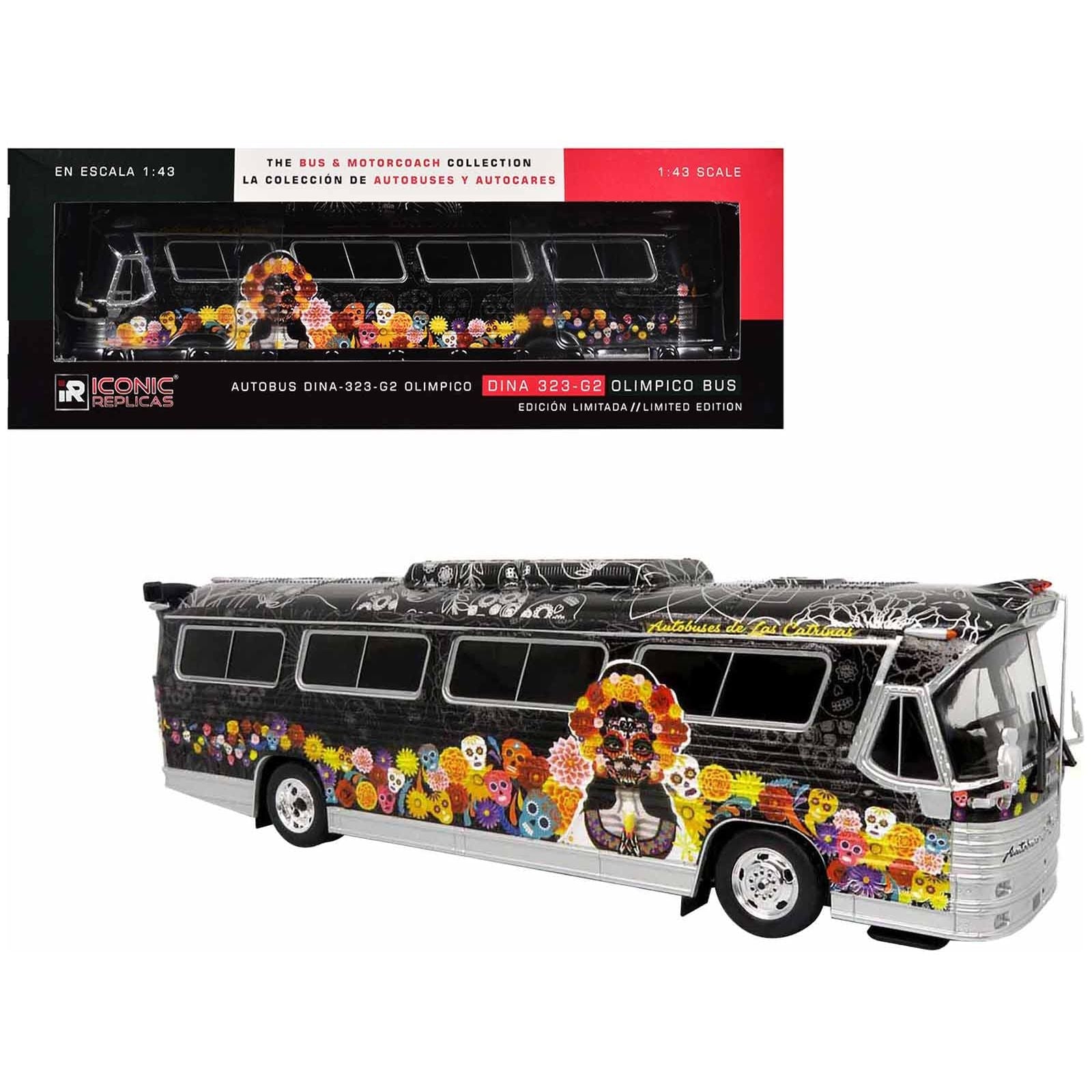 Dina 323 G2 Olimpico Coach Bus "Autobuses de Las Catrinas: El Paraiso" Black with Dia de los Muertos Graphics "The Bus & Motorcoach Collection" 1/43 Diecast Model by Iconic Replicas - Iconic Replicas - ModelCars.com