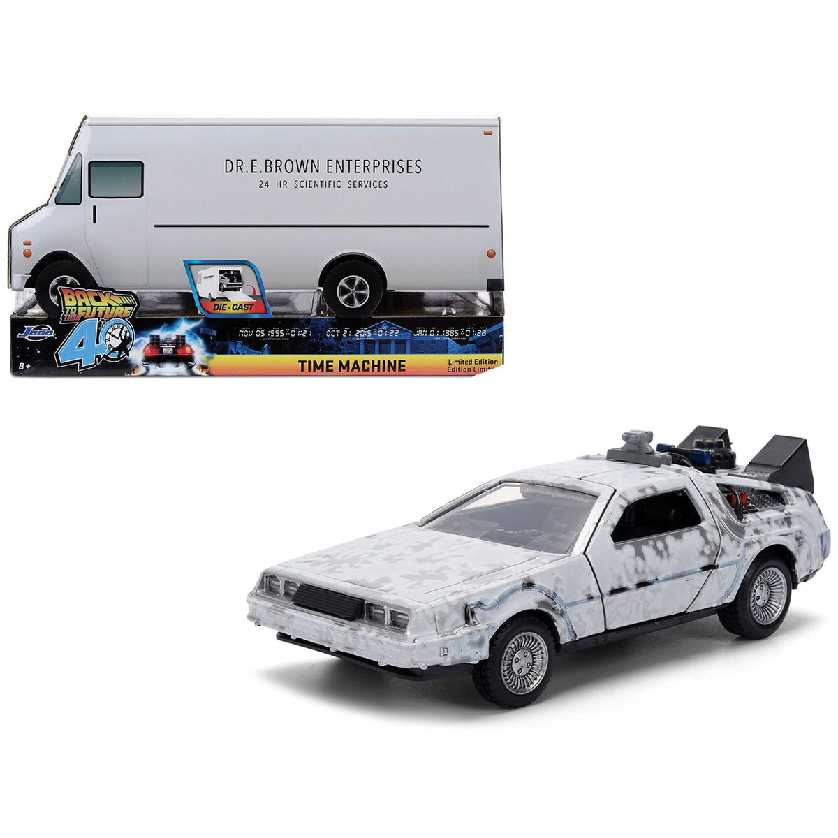 DMC DeLorean Time Machine Brushed Metal (Frost Version) "Back to the Future" (1985) Movie "40th Anniversary" Special Packaging "Hollywood Rides" Series 1/32 Diecast Model Car by Jada-Jada-ModelCars.com