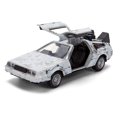 DMC DeLorean Time Machine Brushed Metal (Frost Version) "Back to the Future" (1985) Movie "40th Anniversary" Special Packaging "Hollywood Rides" Series 1/32 Diecast Model Car by Jada-Jada-ModelCars.com