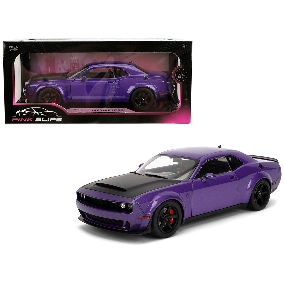 Dodge Challenger SRT Demon Purple Metallic with Matt Black Hood "Pink Slips" Series 1/18 Diecast Model Car by Jada-Jada-ModelCars.com