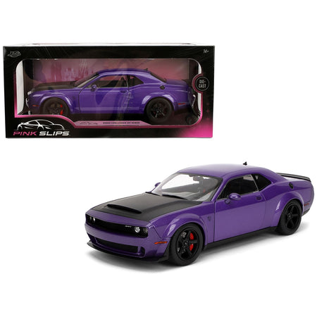 Dodge Challenger SRT Demon Purple Metallic with Matt Black Hood "Pink Slips" Series 1/18 Diecast Model Car by Jada-Jada-ModelCars.com