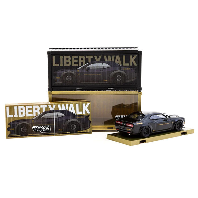 Dodge Challenger SRT Hellcat "LB-WORKS - Liberty Walk" Black Metallic with Shipping Container Display Case "Global64" Series 1/64 Diecast Model Car by Tarmac Works-Tarmac Works-ModelCars.com