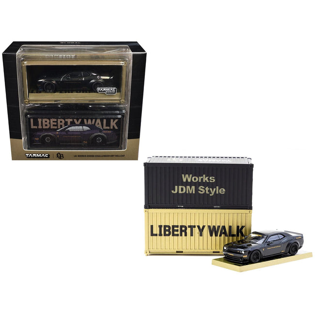 Dodge Challenger SRT Hellcat "LB-WORKS - Liberty Walk" Black Metallic with Shipping Container Display Case "Global64" Series 1/64 Diecast Model Car by Tarmac Works-Tarmac Works-ModelCars.com