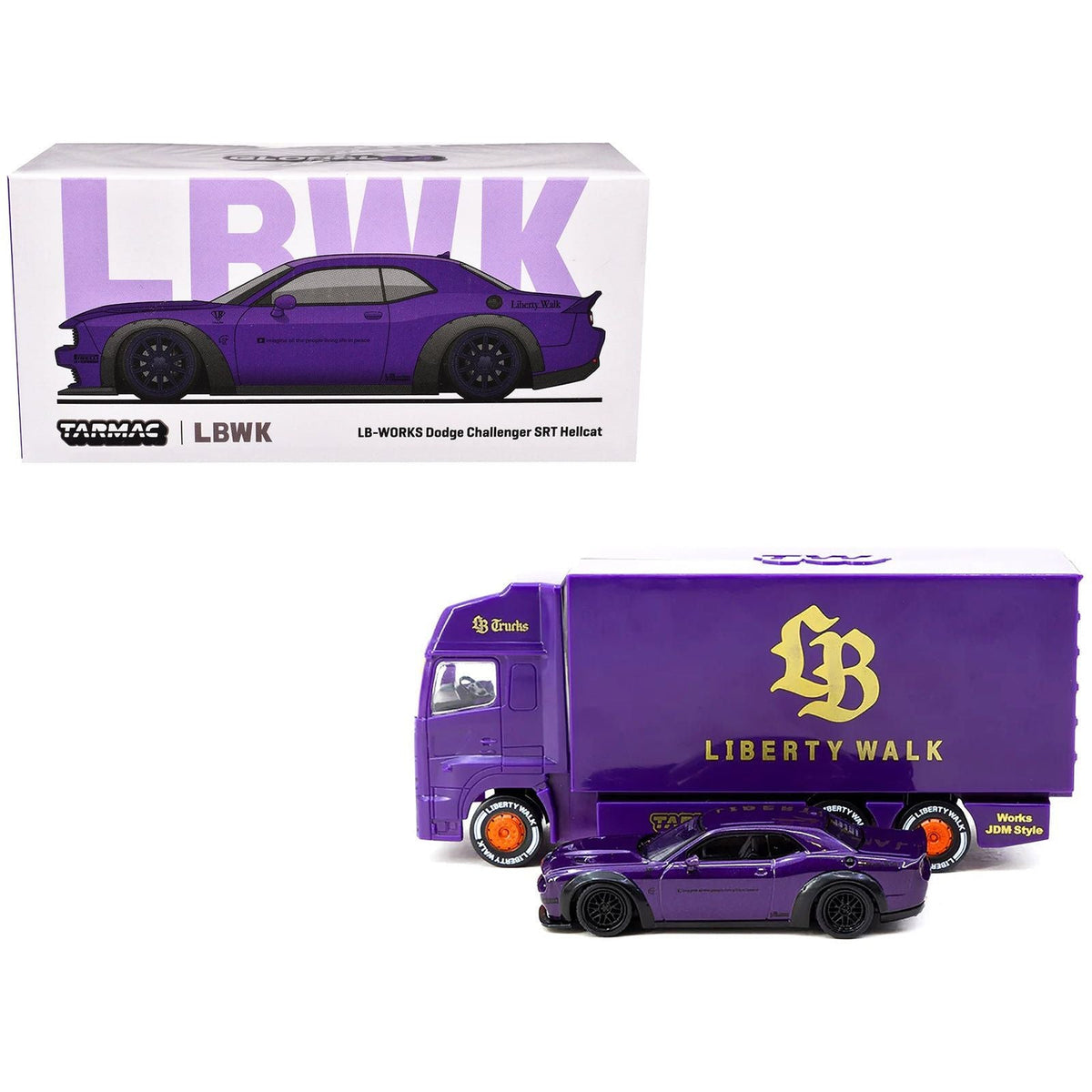 Dodge Challenger SRT Hellcat "Liberty Walk" Purple Metallic with Plastic Transporter Packaging "Global64" Series 1/64 Diecast Model Car by Tarmac Works-Tarmac Works-ModelCars.com