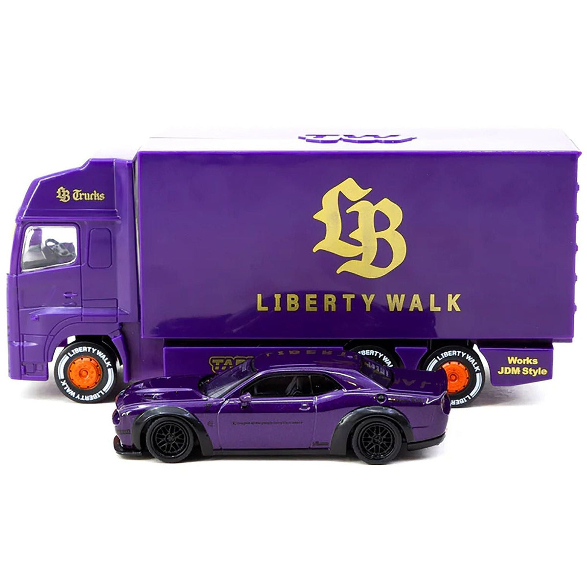 Dodge Challenger SRT Hellcat "Liberty Walk" Purple Metallic with Plastic Transporter Packaging "Global64" Series 1/64 Diecast Model Car by Tarmac Works-Tarmac Works-ModelCars.com