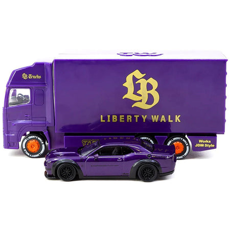 Dodge Challenger SRT Hellcat "Liberty Walk" Purple Metallic with Plastic Transporter Packaging "Global64" Series 1/64 Diecast Model Car by Tarmac Works-Tarmac Works-ModelCars.com