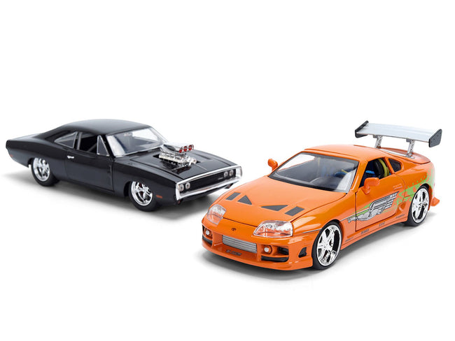 Doms 1970 Dodge Charger R/T Black and Brians Toyota Supra Orange with Graphics Set of 2 Cars "Fast & Furious 25th Anniversary" "Fast & Furious" Series 1/24 Diecast Model Cars by Jada-Jada-ModelCars.com