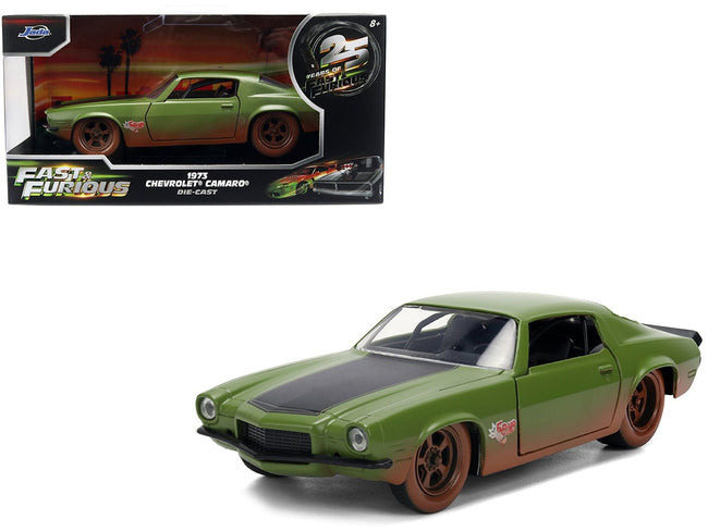 Dom's 1973 Chevrolet Camaro "F-Bomb" Matt Green (Dirty Version) with Black Hood Stripe "Fast & Furious" (2009) Movie "Fast & Furious 25 Years" Series 1/32 Diecast Model Car by Jada-Jada-ModelCars.com