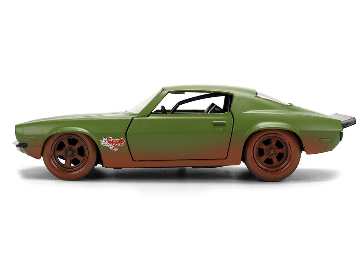 Dom's 1973 Chevrolet Camaro "F-Bomb" Matt Green (Dirty Version) with Black Hood Stripe "Fast & Furious" (2009) Movie "Fast & Furious 25 Years" Series 1/32 Diecast Model Car by Jada-Jada-ModelCars.com