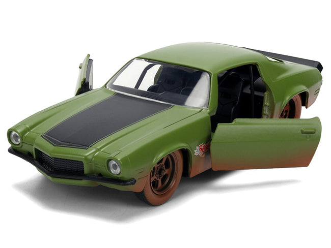 Dom's 1973 Chevrolet Camaro "F-Bomb" Matt Green (Dirty Version) with Black Hood Stripe "Fast & Furious" (2009) Movie "Fast & Furious 25 Years" Series 1/32 Diecast Model Car by Jada-Jada-ModelCars.com