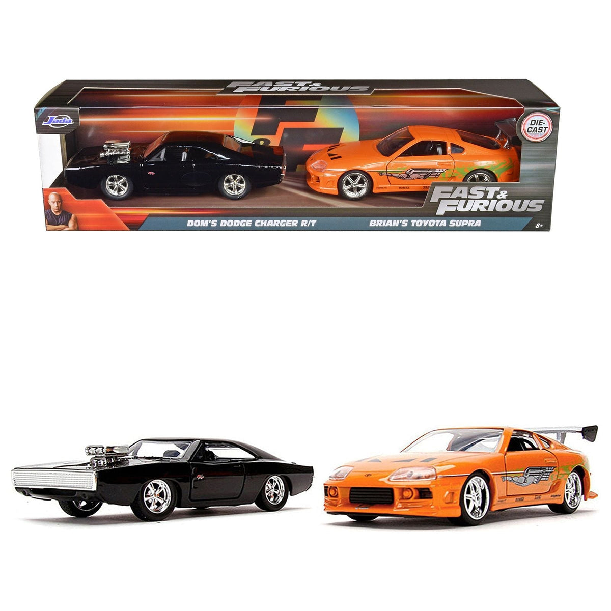 Dom's Dodge Charger R/T Black and Brian's Toyota Supra Orange Set of 2 pieces "Fast & Furious" Series 1/32 Diecast Model Cars by Jada-Jada-ModelCars.com
