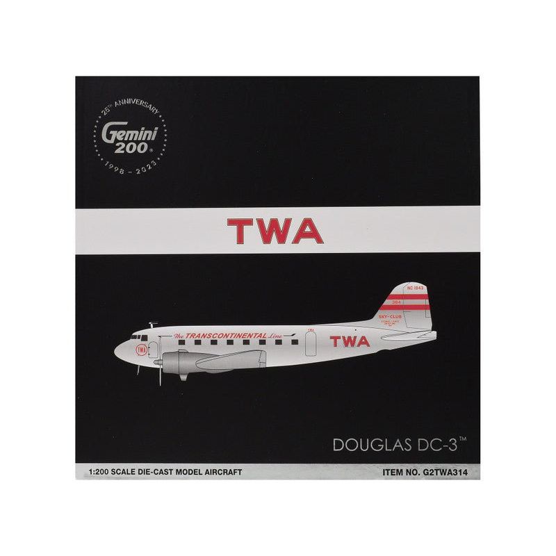 Douglas DC - 3 Commercial Aircraft "TWA (Trans World Airlines)" (NC1943) Polished Metal Finish with Red Tail Stripes "Gemini 200" Series 1/200 Diecast Model Airplane by GeminiJets - GeminiJets - ModelCars.com
