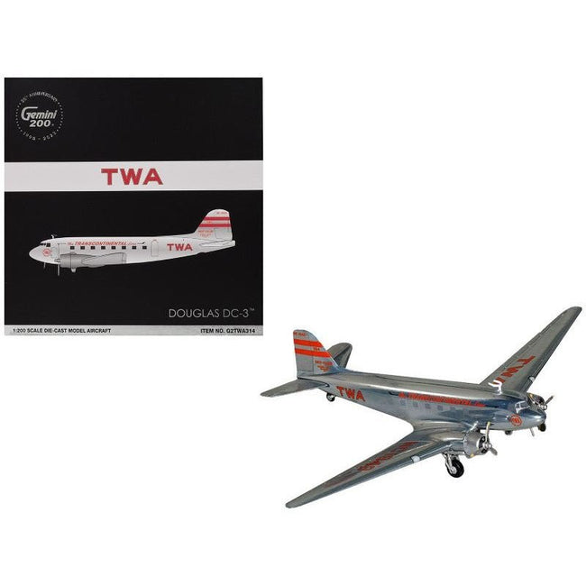 Douglas DC-3 Commercial Aircraft "TWA (Trans World Airlines)" (NC1943) Polished Metal Finish with Red Tail Stripes "Gemini 200" Series 1/200 Diecast Model Airplane by GeminiJets-GeminiJets-ModelCars.com