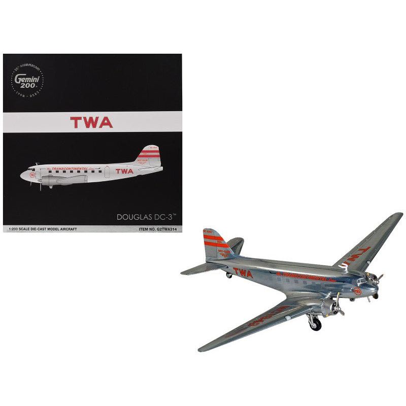 Douglas DC - 3 Commercial Aircraft "TWA (Trans World Airlines)" (NC1943) Polished Metal Finish with Red Tail Stripes "Gemini 200" Series 1/200 Diecast Model Airplane by GeminiJets - GeminiJets - ModelCars.com